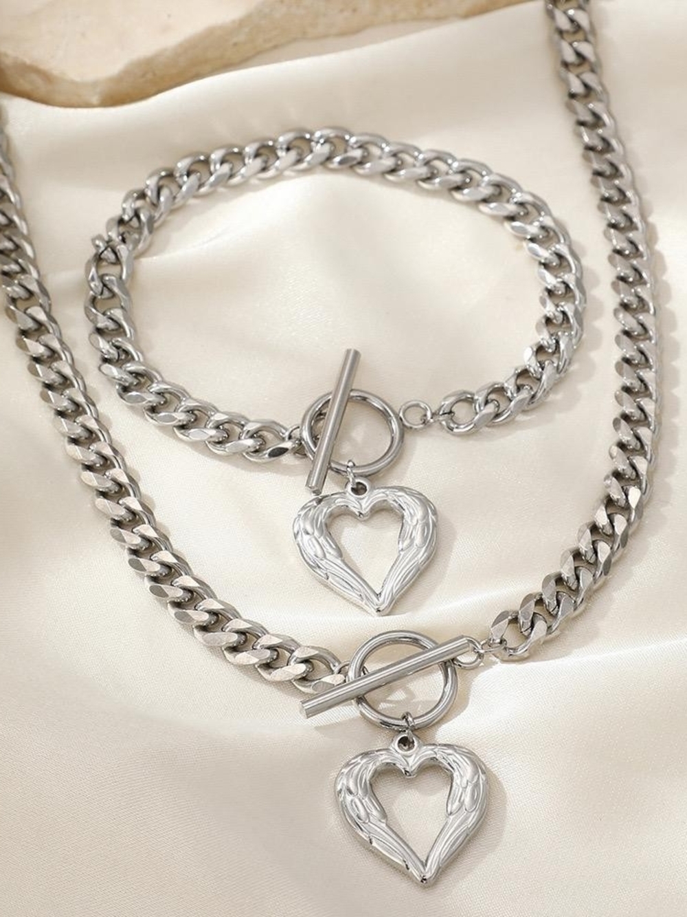 Sterling-Style Silver Heart Toggle Necklace and Bracelet Set